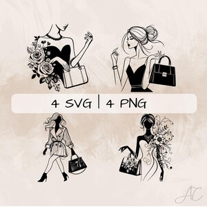 Könnte beinhalten: Vier Schwarzweißillustrationen von Frauen mit verschiedenen Frisuren und Outfits, jede mit einer Handtasche. Die Frauen sind stilvoll und elegant dargestellt. Die Illustrationen eignen sich perfekt für den Einsatz in Mode-, Beauty- und Lifestyle-Projekten.