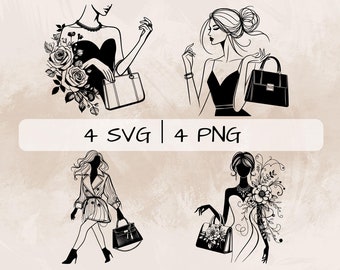 Handbag SVG Bundle, Fashion PNG, Floral Model Clipart, Hand drawn Handbag Line Art pictures for print and engraving