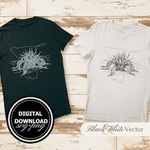 May include: Two t-shirts, one black and one white, with a line drawing of a plant in the shape of the state of Texas. The text "Digital Download svg/png" is on the black shirt and "Black & White Vector" is on the white shirt.