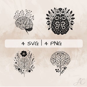 May include: Four black and white illustrations of a brain with flowers growing from it. The brain is stylized to look like a tree with branches and leaves. The flowers are simple and delicate. The text "4 SVG | 4 PNG" is at the bottom of the image.