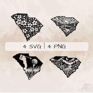 Puede incluir: Cuatro diseños de silueta en blanco y negro del estado de Carolina del Sur. Los diseños presentan un patrón floral, una escena de montaña con una salida del sol, un golfista balanceando un palo y una escena de montaña con una luna y estrellas.