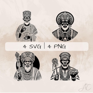 May include: Four black and white digital illustrations of a man wearing a crown and traditional clothing. The man is holding a staff and a cup in two of the illustrations. The text "4 SVG | 4 PNG" is at the bottom of the image.