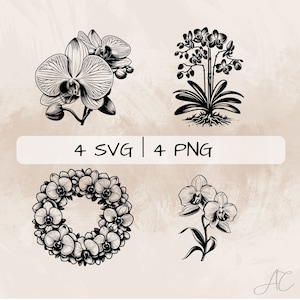 Orchid SVG Bundle, Orchid Wreath PNG, Orchid Flower Clipart, Hand drawn Orchid pictures for print and engraving