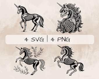 Paquete SVG de unicornio esqueleto, PNG de unicornio, imágenes prediseñadas de esqueleto de unicornio, imágenes de unicornio dibujadas a mano para imprimir y grabar
