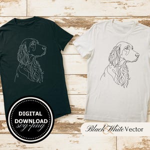 May include: Two t-shirts, one black and one white, each featuring a minimalist line drawing of a dog's head. The black shirt has a circular graphic that says "DIGITAL DOWNLOAD svg.png". The white shirt has the text "Black & White Vector".