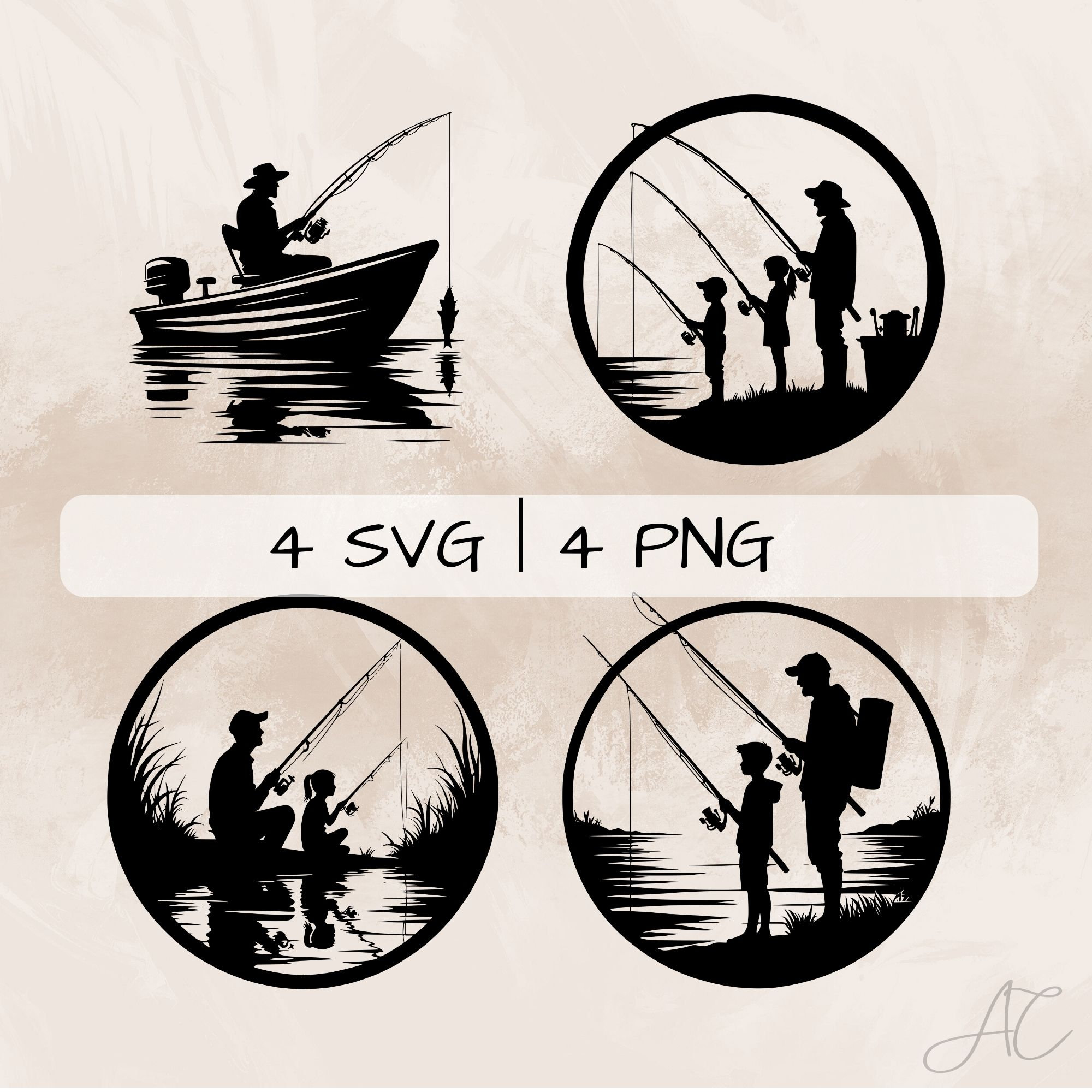 Fishing SVG Bundle, Fishing scene PNG, Family fishing Clipart, Hand drawn Fishing pictures for print and engraving