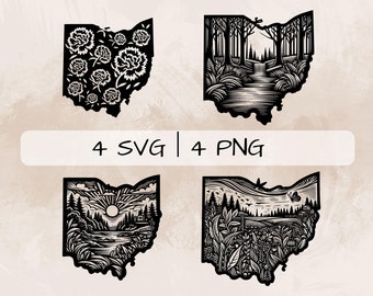 Ohio SVG Bundle, Ohio Map PNG ,Ohio Outline Clipart, Hand drawn Ohio pictures for print and engraving
