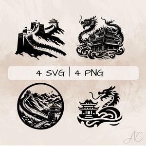 May include: Four black and white illustrations of Chinese landmarks. The first image shows the Great Wall of China. The second image shows a dragon and a pagoda. The third image shows the Great Wall of China in a circle. The fourth image shows a dragon and a pagoda.