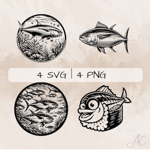 Tuna Fish SVG bundle, Funny Tuna Fish PNG, Tuna in Sea Clipart, Hand drawn Tuna Fish pictures for print and engraving