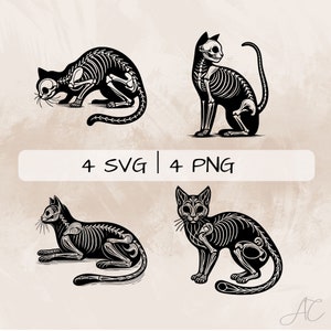 Skeleton Cat SVG Bundle, Cat Skeleton PNG, Cat Clipart, Hand drawn Skeleton Cat pictures for print and engraving
