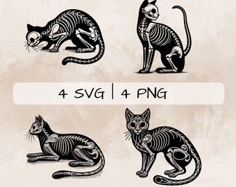 Skeleton Cat SVG Bundle, Cat Skeleton PNG, Cat Clipart, Hand drawn Skeleton Cat pictures for print and engraving
