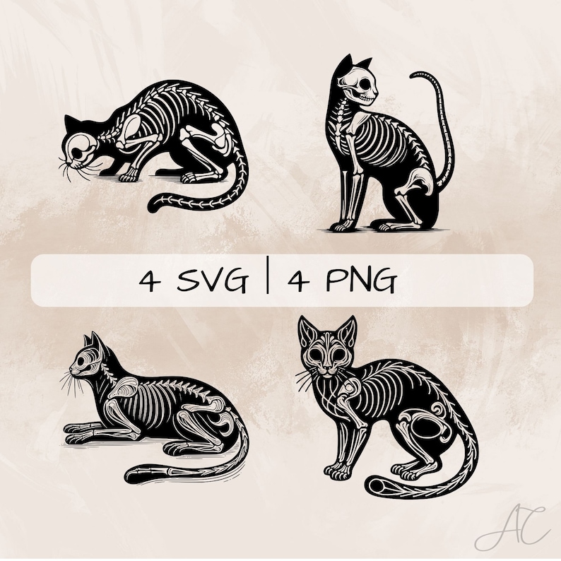 Puede incluir: Cuatro ilustraciones en blanco y negro de esqueletos de gatos en diferentes poses. Los esqueletos son detallados e intrincados, con huesos y articulaciones visibles. Las ilustraciones son perfectas para Halloween o decoraci&oacute;n g&oacute;tica.