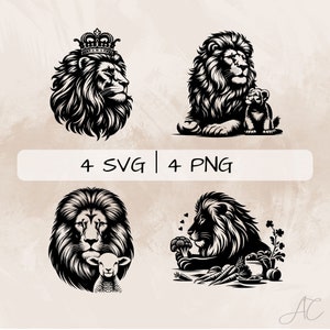 Lion SVG, Lion and lamb PNG , Lion with Crown Clipart, Hand Drawn Lion pictures for print and engraving