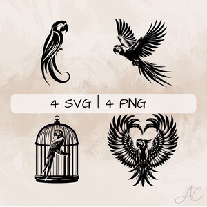 May include: Four black and white silhouette images of parrots. One parrot is standing, one is flying, one is in a cage, and one is in a heart shape with its wings spread.