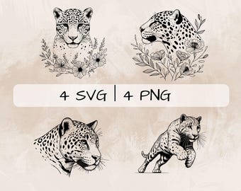 Delicate Jaguar SVG Bundle, Jaguar Line Art PNG, Jaguar and Flowers Clipart, Hand drawn Jaguar pictures for print and engraving