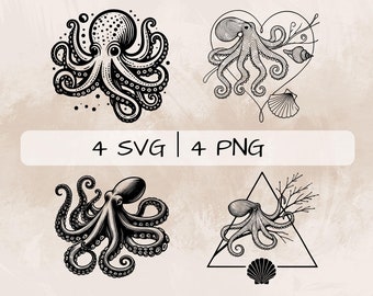 Paquete SVG de pulpo, PNG de pulpo, Imágenes prediseñadas delicadas de pulpo, Imágenes de pulpo dibujadas a mano para impresión y grabado