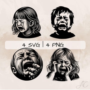 Crying Child SVG Bundle, Crying Girl PNG ,Crying Baby Clipart, Hand drawn Crying Child pictures for print and engraving