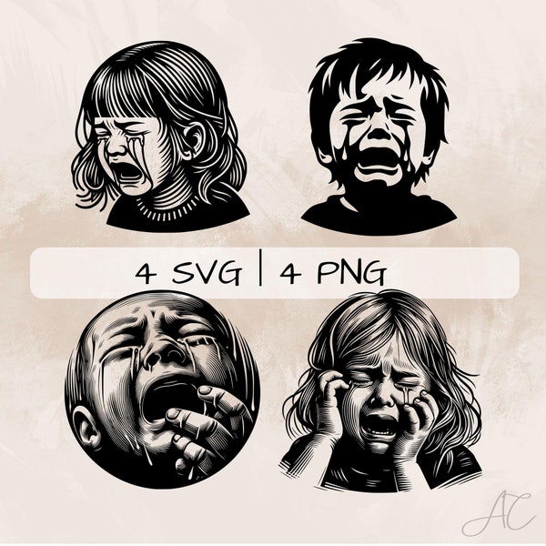 Bundle SVG enfant qui pleure, fille qui pleure PNG, clipart bébé qui pleure, images enfant qui pleure dessinées à la main pour impression et gravure