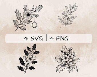 May include: Four black and white illustrations of floral arrangements featuring holly leaves and berries. The illustrations are in a minimalist style and would be ideal for use in festive crafts or designs.