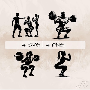 Pode incluir: Ilustração digital em preto e branco com tema fitness, mostrando silhuetas de pessoas a fazer agachamentos e levantamento de peso. A imagem inclui o texto "4 SVG | 4 PNG". O tema é fitness e exercício.