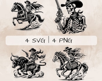 Szkielet kowboja SVG, Szkielet rodeo PNG, Szkielet konia Clipart, Rysowane ręcznie obrazy Szkielet kowboja do druku i grawerowania