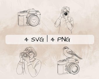 May include: A set of four black and white line drawings featuring a camera, a person holding a camera, a bird perched on a camera, and a person holding a camera. The text "4 SVG | 4 PNG" is included in the image.