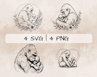Puede incluir: Cuatro dibujos en blanco y negro de gorilas abrazando a sus bebés. Los gorilas están dibujados en un estilo realista con detalles precisos. Los dibujos están sobre un fondo blanco.