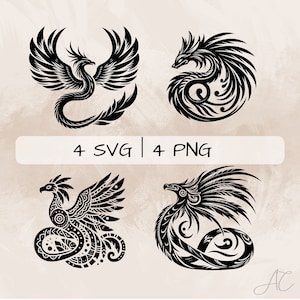 May include: Four black and white stylized illustrations of phoenixes. Two are in a standing position with wings spread, and two are curled in a circular shape. The text "4 SVG | 4 PNG" is at the bottom of the image.