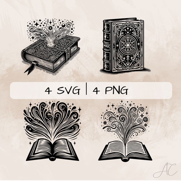 Magic Book SVG Bundle, Book PNG, Open Boook Clipart, Hand drawn Magic Book pictures for print and engraving