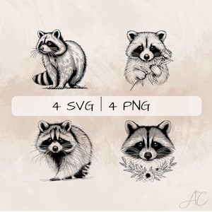 Delicate Raccoon SVG Bundle, Raccoon Line Art PNG, Floral Raccoon Clipart, Hand drawn Raccoon pictures for print and engraving