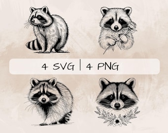 Delicate Raccoon SVG Bundle, Raccoon Line Art PNG, Floral Raccoon Clipart, Hand drawn Raccoon pictures for print and engraving