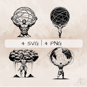 Atlas SVG bundle, Atlas holding the World PNG, Atlas and Sky Clipart, Hand drawn Atlas pictures for print and engraving