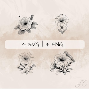 Delicate Petunia SVG Bundle, Petunia Line Art PNG, Petunia Flower Clipart, Hand drawn Petunia and Teardrop pictures for print and engraving