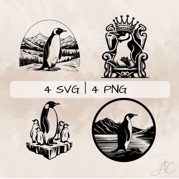 Emperor Penguin SVG bundle, Penguin PNG, Penguin with Crown Clipart , Hand drawn Emperor Penguin pictures for print and engraving