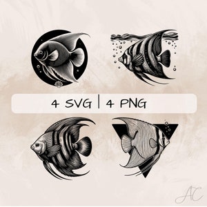Angelfish SVG Bundle, Angelfish and Heart PNG, Angelfish and Seashell Clipart, Hand drawn Ocean Angelfish pictures for print and engraving