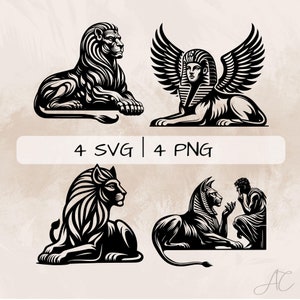 May include: Four black and white vector illustrations of lions and a sphinx. The first image shows a lion sitting with its head turned to the right. The second image shows a sphinx with wings and a human head. The third image shows a lion sitting with its head turned to the right. The fourth image shows a sphinx with wings and a human head sitting next to a human figure.