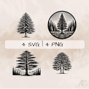 Cedar Tree SVG Bundle, Cedar Tree in forest PNG ,Cedar Tree with heart Clipart, Hand drawn Cedar Tree pictures for print and engraving