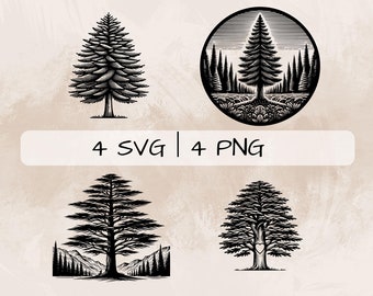 Pakiet Cedar Tree SVG, Cedar Tree w lesie PNG, Cedar Tree z sercem Clipart, Rysowane ręcznie obrazy Cedar Tree do druku i grawerowania