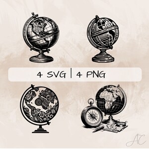 May include: Four black and white illustrations of globes. Two globes are on stands, one globe is on a stand with a compass and a map, and one globe is decorated with floral designs.