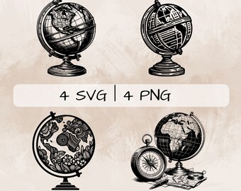 Globus SVG bundle, World Globe PNG, Floral Globe Clipart, Hand drawn World Globe pictures for print and engraving