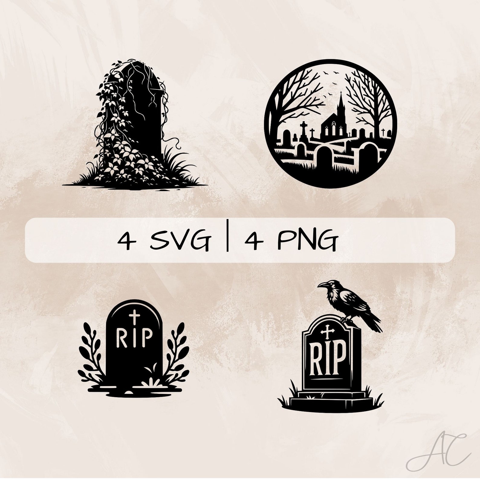 Gravestone SVG Bundle, Graveyard PNG, Tombstone Clipart, Hand Drawn ...