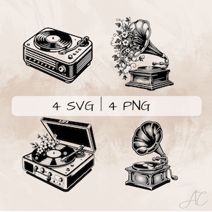 May include: Four black and white illustrations of vintage record players. Two are traditional gramophones with a horn, one has a floral design, and the other two are record players with a lid.