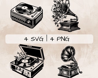 レコード プレーヤー SVG バンドル、蓄音機 PNG、花柄のレコード