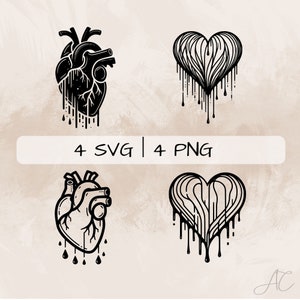 May include: Two black and white illustrations of a heart. One is a realistic anatomical heart with dripping blood. The other is a stylized heart with dripping blood.  4 SVG | 4 PNG