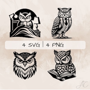 May include: Four black and white illustrations of owls. One owl is in bed with a nightstand and lamp. Another owl is wearing a suit and tie. The third owl is a close-up of its face. The last owl is reading a book.