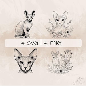 Sphynx Cat SVG Bundle, Sphynx Line Art PNG, Floral Sphynx Face Clipart, Hand drawn Sphynx and Flowers pictures for print and engraving
