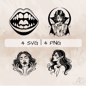 Vampire SVG Bundle, Female Vampire Clipart ,Vampire Teeth PNG, Hand drawn Vampire pictures for print and engraving