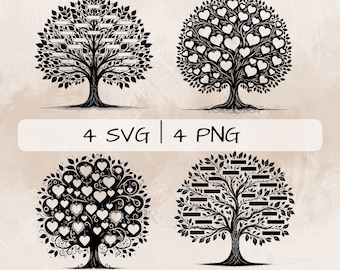 Pacchetto SVG albero genealogico, albero PNG, clipart familiare, immagini dell'albero genealogico disegnate a mano per la stampa e l'incisione