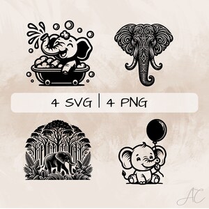 Puede incluir: Cuatro ilustraciones en blanco y negro de elefantes. Un elefante está tomando un baño, otro está sosteniendo un globo, otro está caminando por un bosque y el último es un diseño ornamentado detallado.