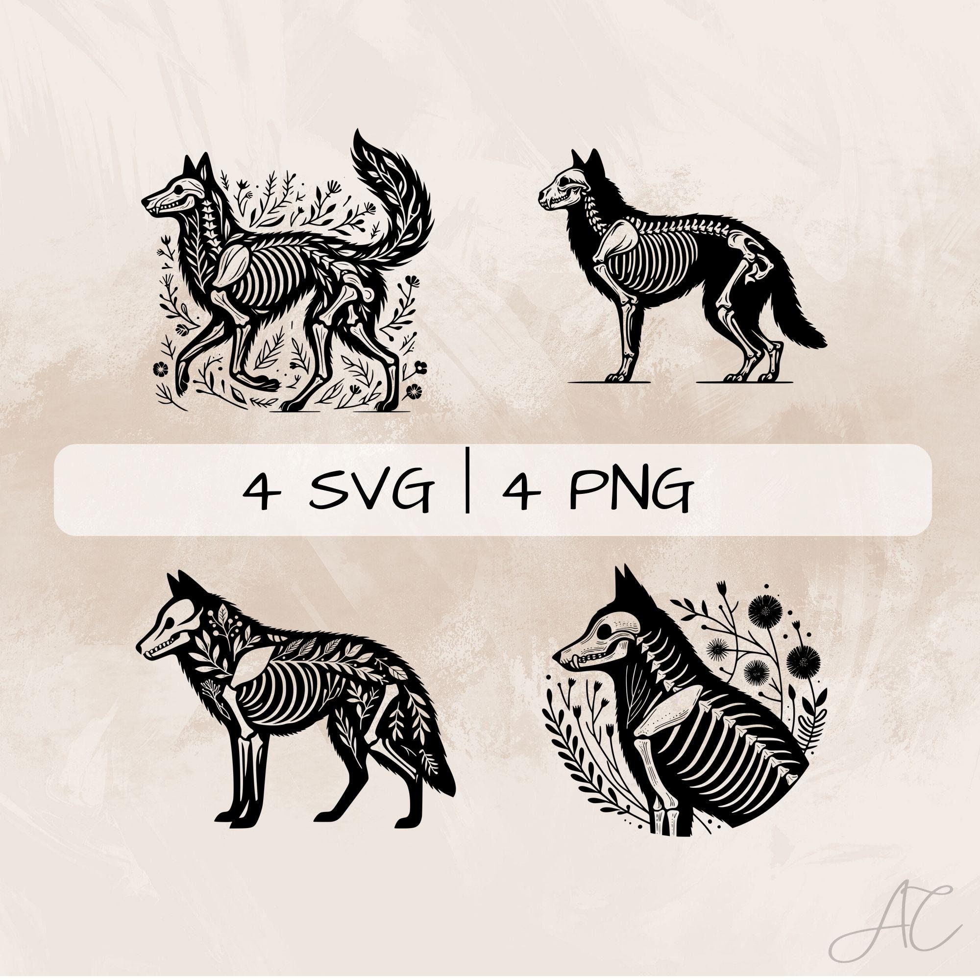 狼の骨格 SVG バンドル、花柄の狼 PNG、狼の骨格と花のクリップアート